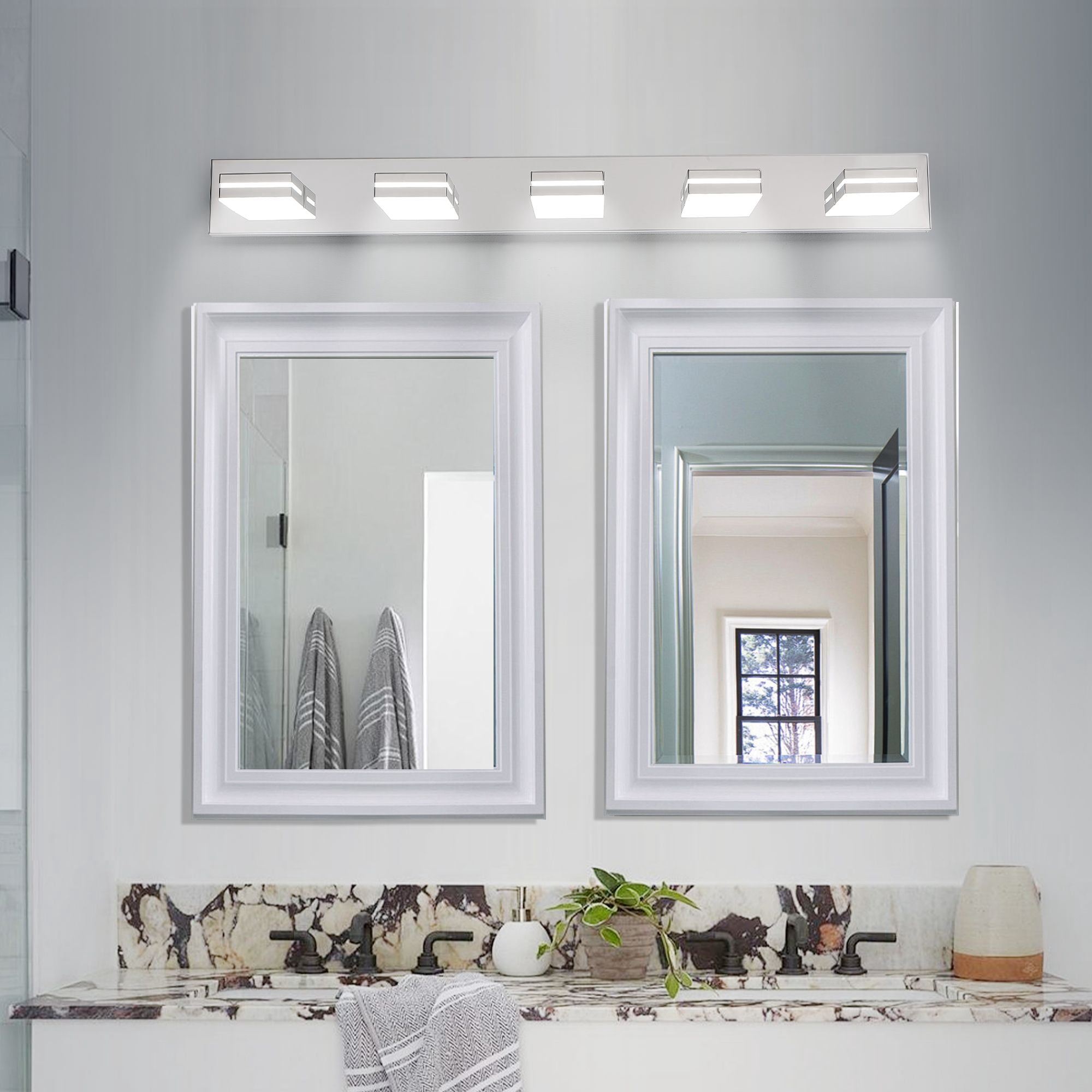 40 Inch Modern Chrome LED Vanity Light, 5-Light Wall Sconce for Bathroom Mirror, Integrated Minimalist Fixture with Geometric Lamp Heads, Hardwired Energy-Saving Bath Lighting