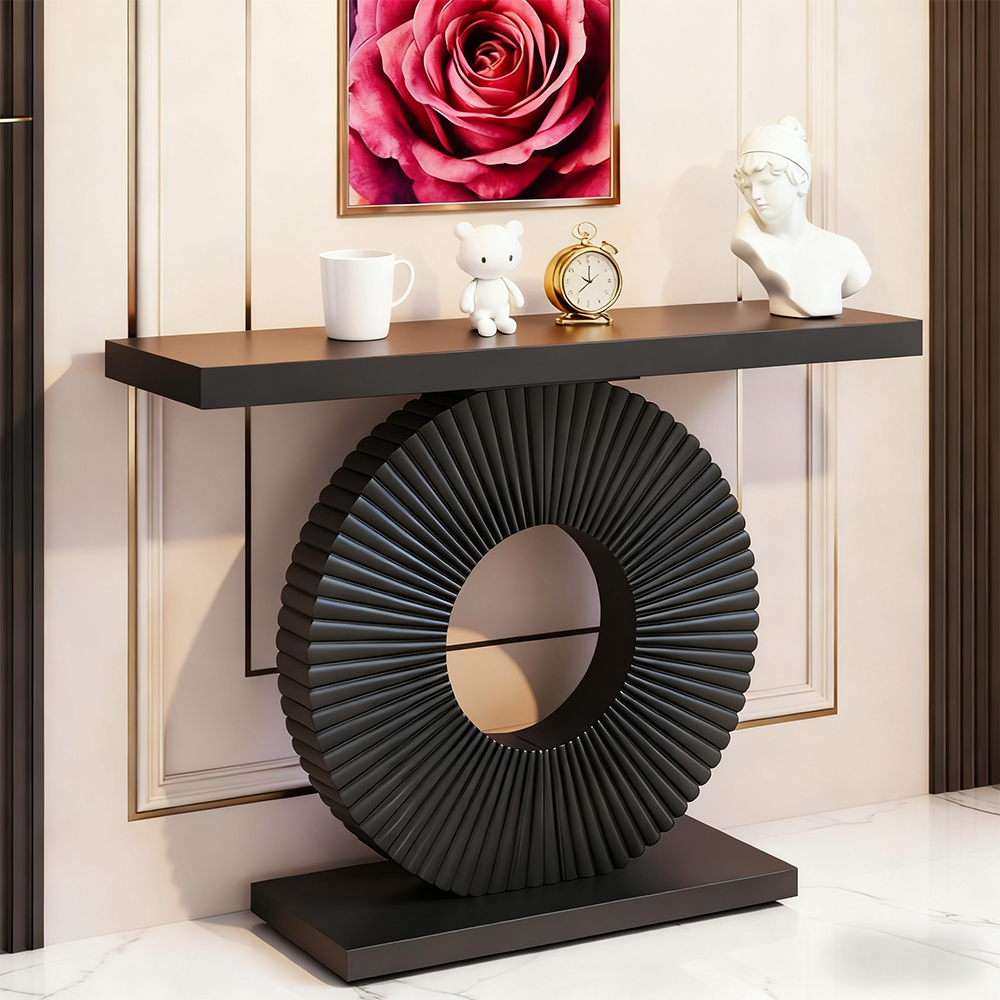 40-Inch Modern Console Table With Black Circular Flower Geometric Base, Wood Narrow Sofa Table, 180LBS Capacity Contemporary Accent Entryway Table For Living Room, Hallway, Behind Couch