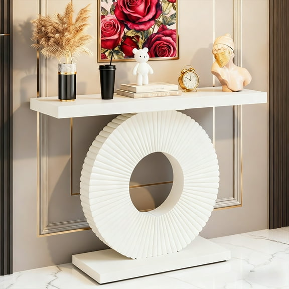 40-Inch Modern Console Table With White Circular Flower Geometric Base, Wood Narrow Sofa Table, 180LBS Capacity Contemporary Accent Entryway Table For Living Room, Hallway, Behind Couch