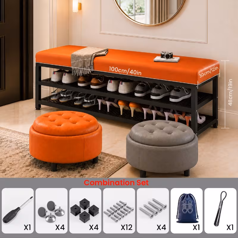 40 Inch Modern Entryway Shoe Bench, Soft Cushioned Shoe Storage Organizer with Easy Assembly Metal Frame, Multi-Compartment Space Saving Shoe Rack for Hallway, Foyer & Bedroom Use