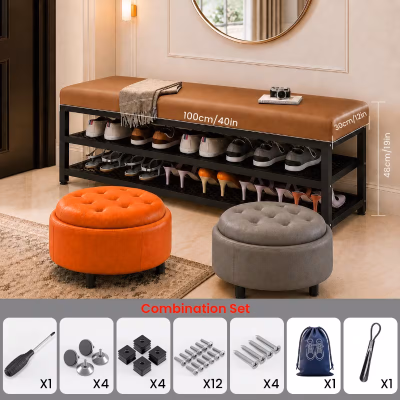40 Inch Modern Entryway Shoe Bench, Soft Cushioned Shoe Storage Organizer with Easy Assembly Metal Frame, Multi-Compartment Space Saving Shoe Rack for Hallway, Foyer & Bedroom Use