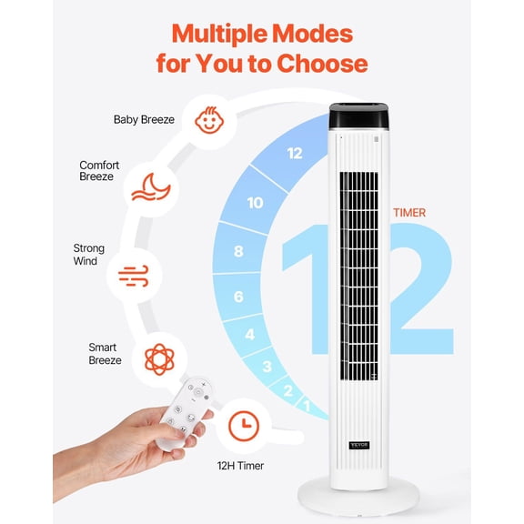40 Inch Oscillating Tower Fan with 9 Hour Timer, 22 ft/s Powerful Airflow, Remote Control, Space Saving Design