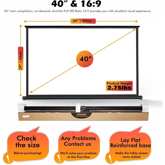 40 Inch Portable Projection Screen 16:9 Retractable Floor Standing Tabletop Projector Screen Matte White with Stand for Indoor Outdoor Home Theater Classroom Office