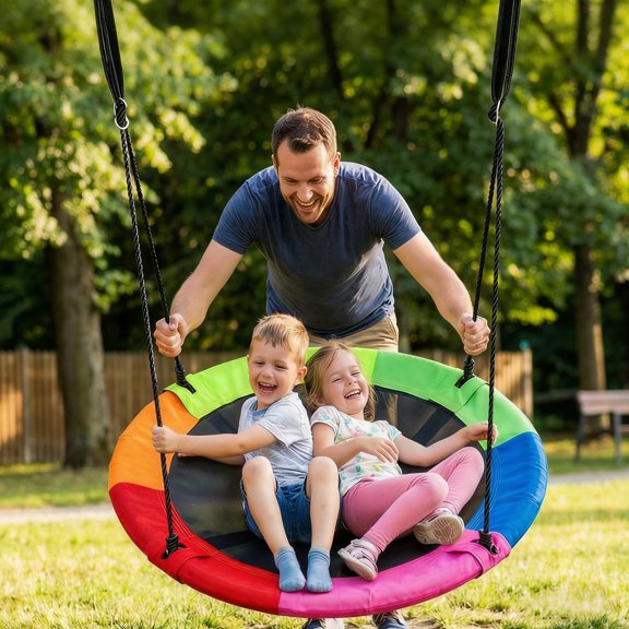 40 Inch Saucer Swing for Kids Outdoor, Swing Sets for Backyard 600lb Weight Capacity 2 Added Hanging Straps Adjustable Multi-Strand Ropes, Outdoor Toys Tree Swing Straps, Rainbow