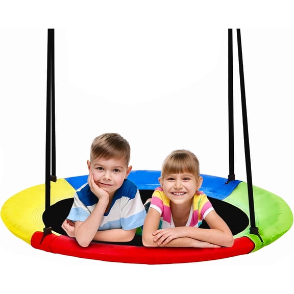 40 Inch Saucer Tree Swing for Kids Outdoor, Textilene Fabric Tear & UV Resistant Waterproof, Round Disc Circle Swing Set for Backyard Garden Playground, Rainbow