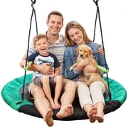 40 in Saucer Tree Swing, Round Outdoor Swing with Heavy-Duty Steel Frame, Foam Padding, Oxford Fabric Seat & Handles, Black/Green