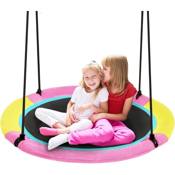 40 Inch Saucer Tree Swing for Kids Outdoor, Textilene Fabric Tear & UV Resistant Waterproof, Round Disc Circle Swing Set for Backyard Garden, Pink