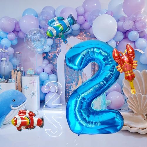 40 Inch Under the Sea Blue Number 2 Balloon, Mini Sea Animal Balloons Ocean Animal Foil Balloon, Fish Crawfish Balloons for Boys Girls Ocean Theme 2nd Birthday Baby Shower Party Decoration