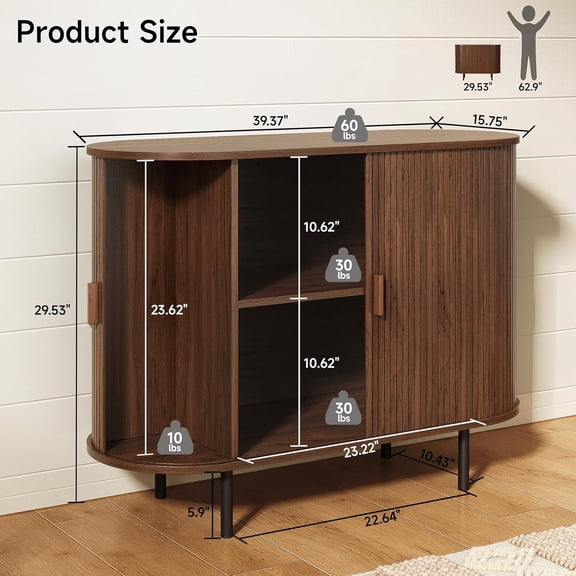40 Inch Sideboard Buffet Cabinet with Storage Sliding Door Adjustable Shelf Modern Walnut Console Table for Kitchen Entryway
