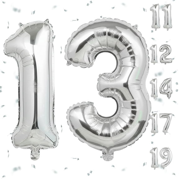 40 Inch Silver Foil Mylar Number 13 Balloon for Helium or Air Fill, Self-Sealing Party Decoration for 13th Birthday, Anniversary & Graduation