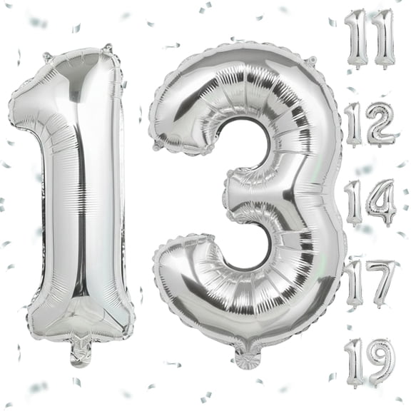 40 Inch Silver Foil Mylar Number 13 Balloon for Helium or Air Filled, Self-Sealing Party Decoration for 13th Birthday, Anniversary & Graduation