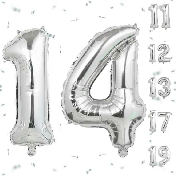 40 Inch Silver Foil Mylar Number 14 Balloon for Helium or Air Filled, Self-Sealing Party Decoration for 14th Birthday, Anniversary & Graduation