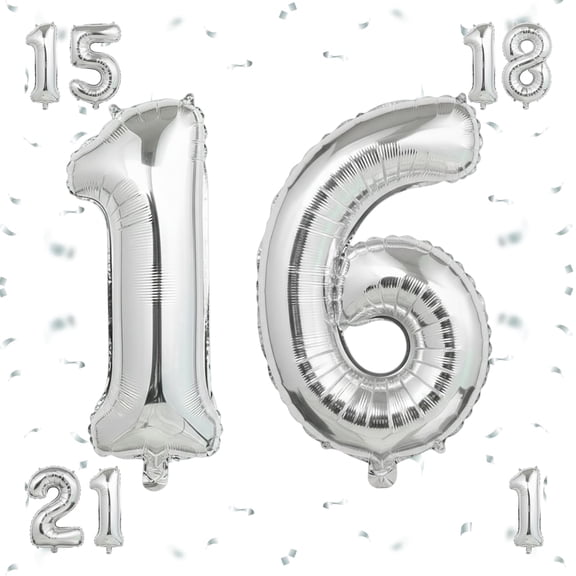 40 Inch Silver Foil Mylar Number 16 Balloon – Large Helium & Air Filled Self-Sealing Balloon for 16th Birthday, Anniversary, Graduation & Party Decor