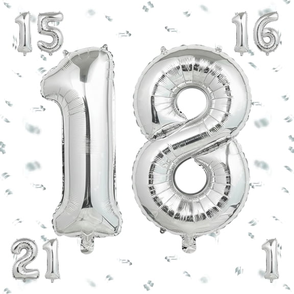 40 Inch Silver Foil Mylar Number 18 Balloon for Helium or Air Filled, Self-Sealing Party Decoration for 18th Birthday, Anniversary & Graduation