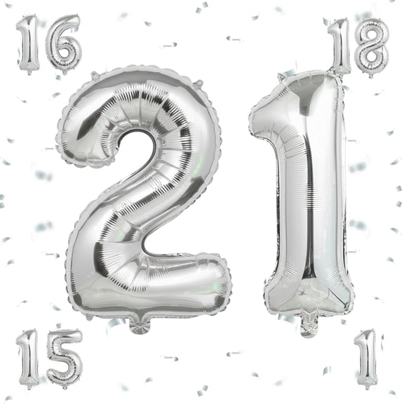 40 Inch Silver Foil Mylar Number 21 Balloon for Helium or Air Filled, Self-Sealing Party Decoration for 21st Birthday, Anniversary & Graduation