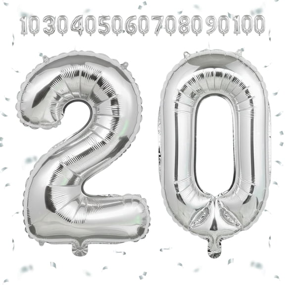40-Inch Silver Number 20 Balloons (2 & 0) | Big Jumbo Foil Mylar Balloon, Helium or Air Filled | Birthday, Anniversary, Graduation, Home & Office Party Decorations