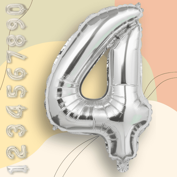 Silver Number 4 Mylar Foil Balloon 40" - Helium or Air Inflatable Metallic Balloons for 4th Happy Birthday Party, Anniversary, Graduation Decorations