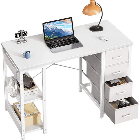 40 Inch Small Computer Desk with 4 Fabric Drawers, Modern PC Desk for Small Spaces, Home Office Desk with Storage Shelves, White