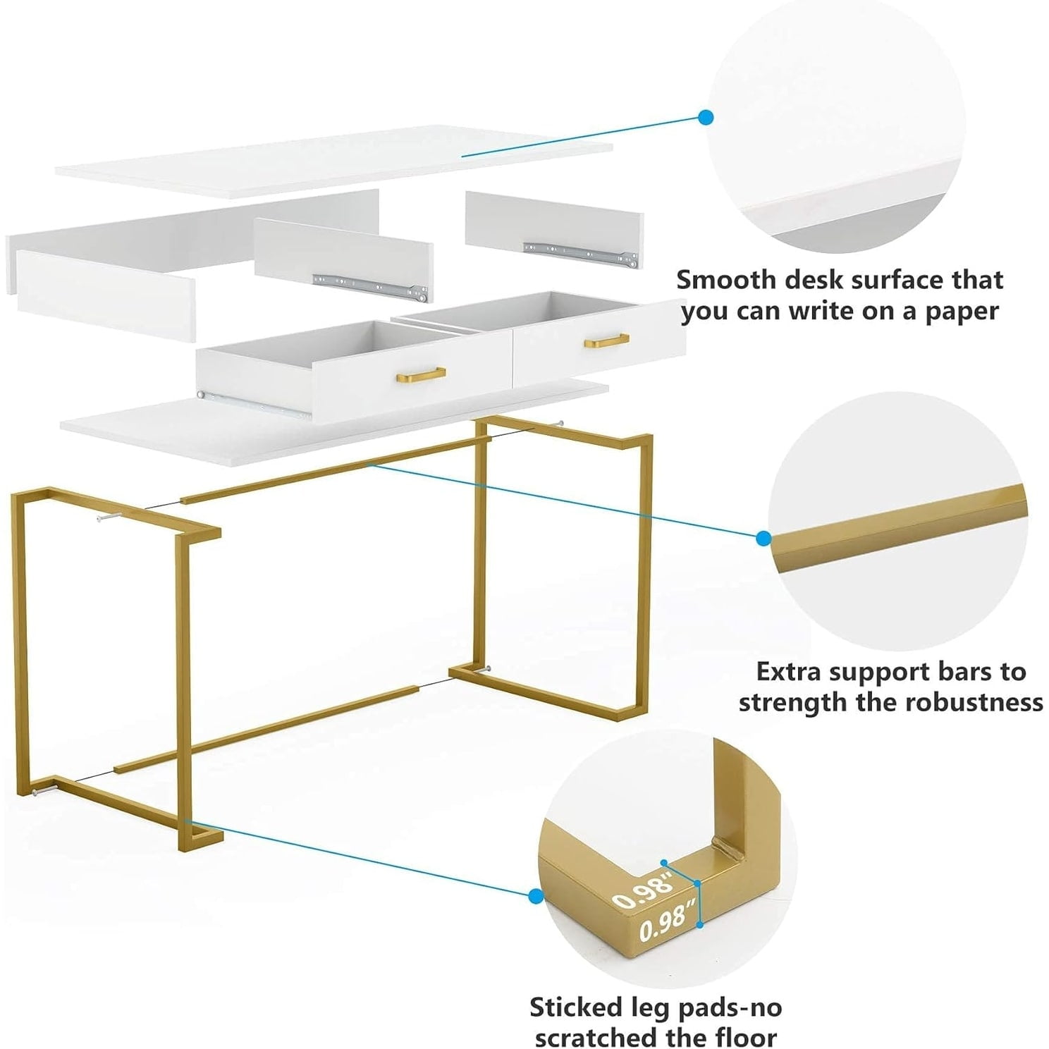 40 Inch White and Gold Computer Desk with Drawers