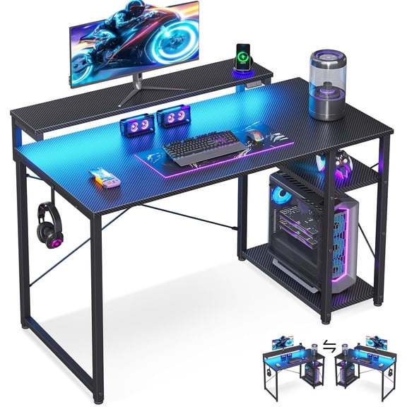 40 Inch Small Gaming Desk with Storage & Led Lights, Computer Desk with Shelf, Reversible Gamer Desk with Adjustable Monitor Stand, Carbon Fiber Texture Black