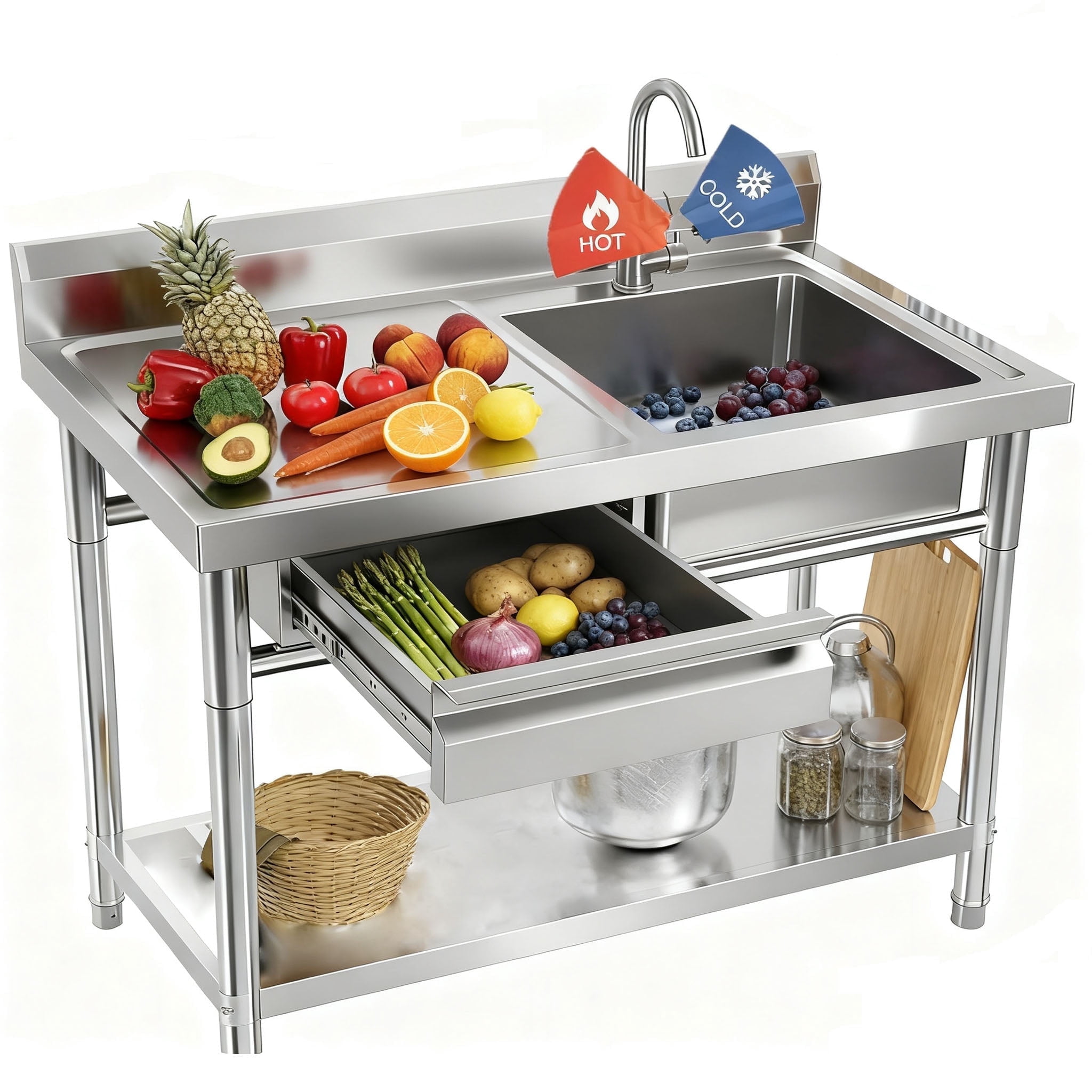40 Inch Stainless Steel Utility Sink, Free Standing Single Bowl Kitchen Sink, Freestanding Single Bowl Laundry Sink with Drawer & Cold and Hot Water Pipe for Farmhouse Kitchen Outdoor