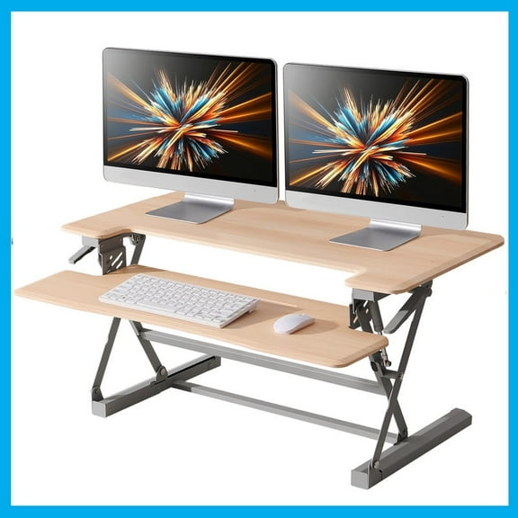 40 Inch Standing Desk Converter, 12-Position Adjustable Height Computer Desk Converter, Ergonomic for Use in Home Offices and Computer Workstations，Light Wood