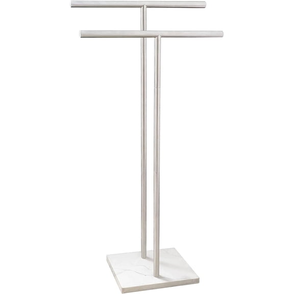 40 Inch Standing Towel Rack Double-T Shape Tall Bath Towel Sheet Holder with Marble Design Base for Bathroom Floor Next to Tub or Shower 2 Tier Towel Holder Stand Stainless Steel Brushed Nickel