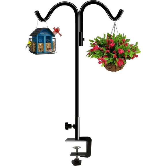 40 Inch Tall Double Deck Hook for Railing, Adjustable Outdoor Shepherds Hook with 2-Inch Strengthened Clamp for Hanging Plant Bird Feeder, 1 Pack