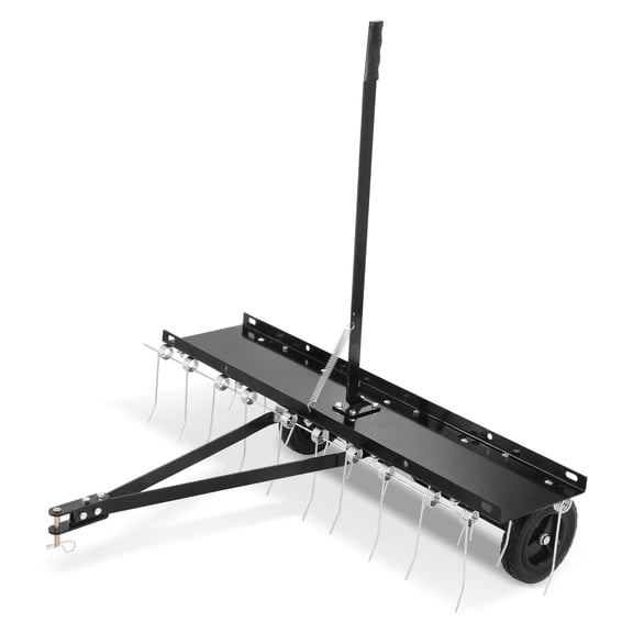 40 Inch Tow Behind Dethatcher with 20 Spring Steel Tines Lift Handle for ATV Mower Garden Farm Lawn Grass Rake