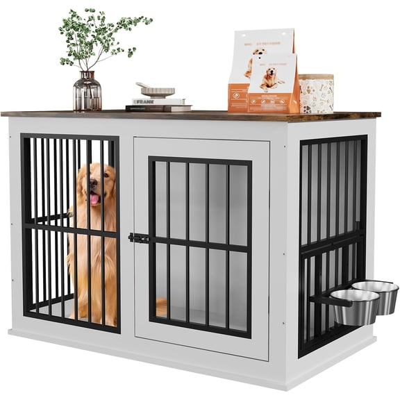 40 Inch Wooden Dog Crate Furniture End Table with Removable Bowls, Adjustable Feet, Indoor Kennel for Medium and Large Dogs, Vintage White