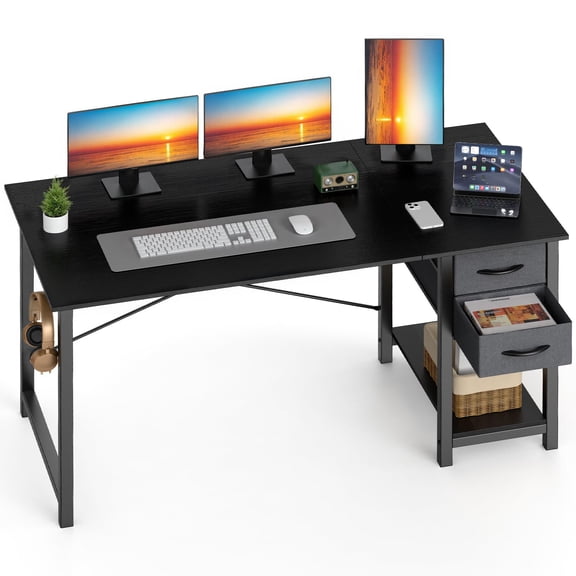 40 Inches Black Computer Desk With Drawers Home Office Writing Desk X-Shaped Reinforcement Modern Study Work Table Side Hook Sturdy Metal Frame
