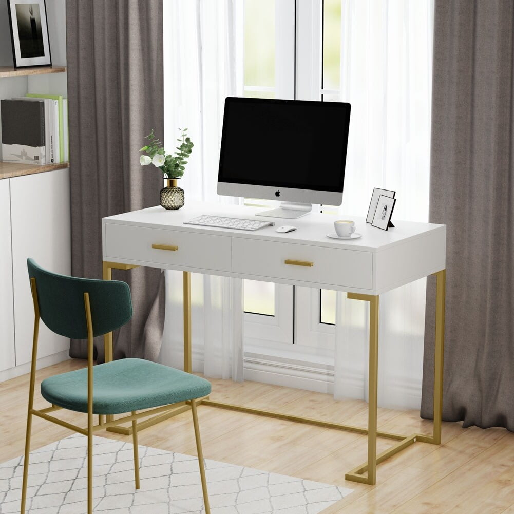 White and Gold Computer Desk with Drawers