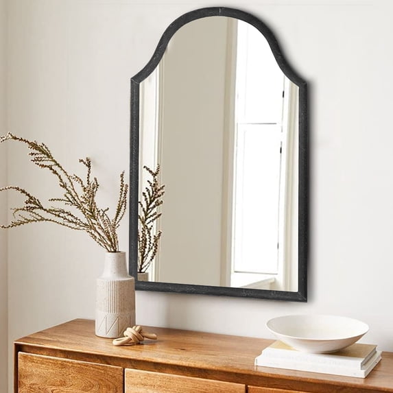 40 Inches Hammered Metal Frame Wall Mirror with Arched Top, Black