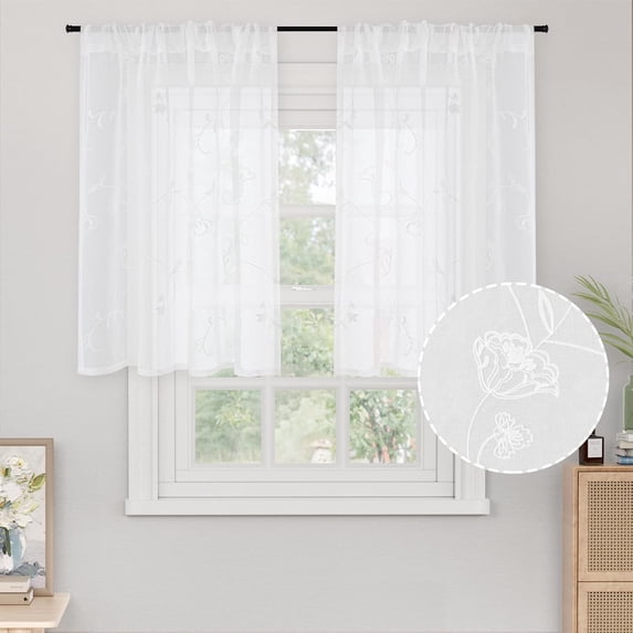 40 Inches Long Lace Sheer Curtains for Kitchen Cafe Window - Short White Drapes with Rod Pocket Lightweight for Bedroom Bathroom Rustic, 2 Panels, 42 X 40 Inch