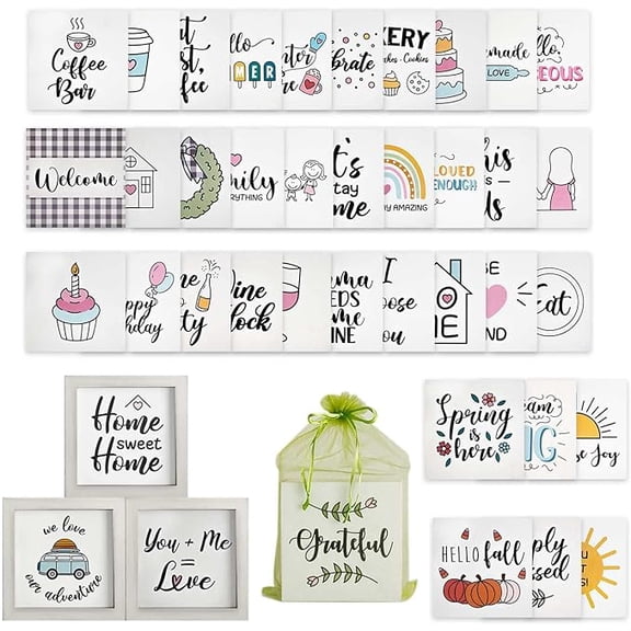 40 Interchangeable Signs with 3 White Wood Frames | Boho Retro Inspirational Home Decor Signs for Tiered Tray, Kitchen, Living Room