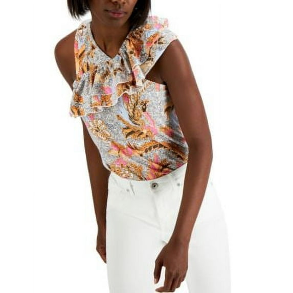 $40 International Concepts Cotton Asymmetrical Ruffled Top Multicolor Size Large