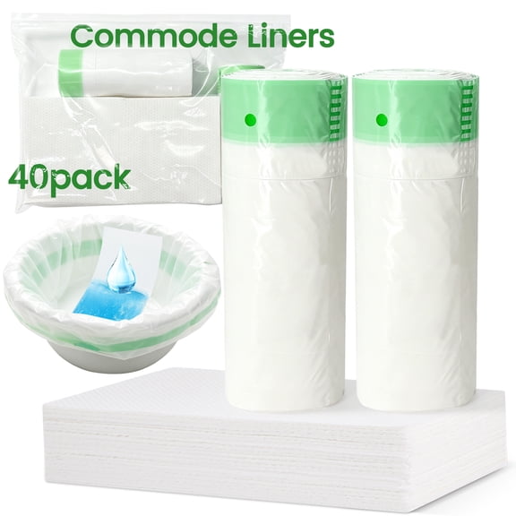 40 Kit Commode Liners with Absorbent Pads for Bedside Commode, Adult Potty Chair Liners, Portable Commode Poop Bag for Commode Chair, Bedpan, Bucket Toilet, Camping Toilet, 40 Bags+40Pads