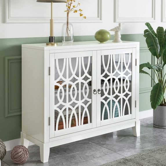 40" Kitchen Accent Buffet Sideboard, Wood Storage Cabinet with Glass Doors and Adjustable Shelf, Decorative Console Table, for Entryway, Hallway, Dining Room, Living Room, Cream White