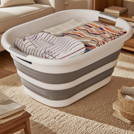 40 L(10.5 Gallon) Pop Up Collapsible Plastic Laundry Basket, Space Saving Washing Tub Foldable Laundry Basket Organizer Grey