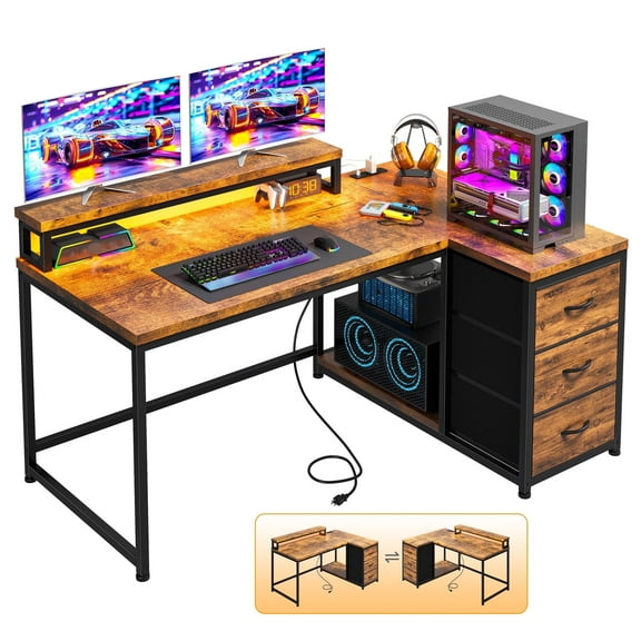 40"L Computer Desk l Shaped Gaming Desk with LED Lights & Power Outlet Desk with Drawers Reversible Corner Desk with Monitor Stand for Gaming Room,Home Office,Bedroom,Rustic Brown