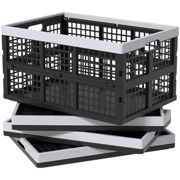 40 L Large Collapsible Storage Crates, Black Plastic Stackable Storage Crates, 4 Pack$$Office