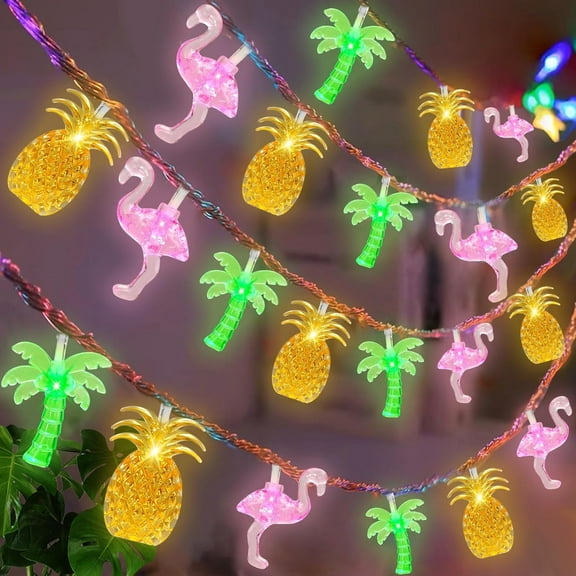 40 LED 19Ft Summer Tropical Beach Hawaiian String Lights Tropical Flamingo Pineapple Palm Tree Fairy Lights Battery Operated for Party Beach Pool Summer Decor
