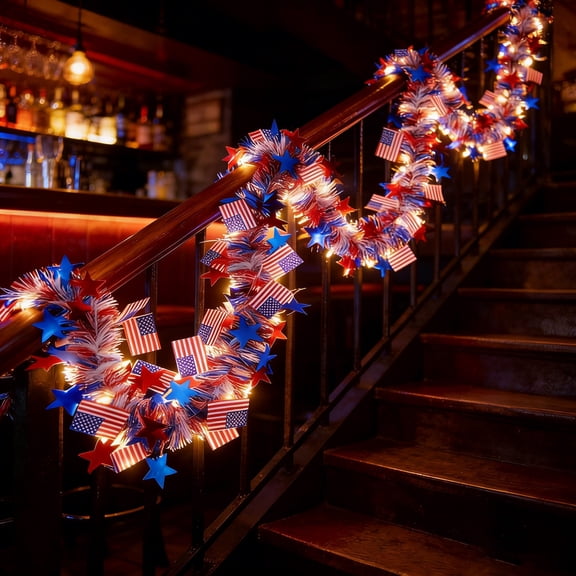 40-LED 6M Patriotic Tinsel String Light Garland  Flashing or Steady Glow Star-Shaped Lights for Independence Day Porch, Garden & Party Backdrops