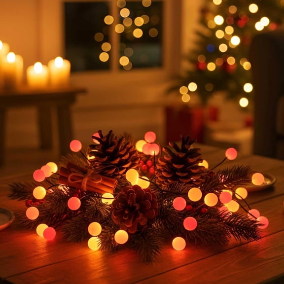 40 LED Berry Cluster Lights - Red, Orange & Yellow Battery Powered Christmas Lights with Timer, String Lighting Perfect for Christmas, Fall and Fireplace Cozy Lighting. Indoor and Outdoor use.