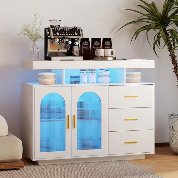 40" LED Buffet Cabinet with Charging Station, Auto Sensor Kitchen Storage Cabinet with RGB 24 Color Lights, Coffee Bar Cabinet with 3 Drawers,Sideboard Buffet Cabinets for Living Room (White)