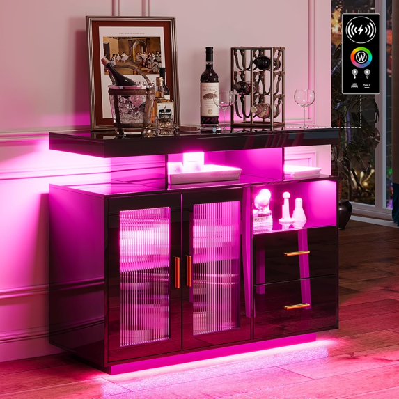 40" LED Buffet Cabinet with Wireless Charging Station,Auto Sensor Coffee Bar Cabinet with 2 Doors and 2 Drawers,Modern Kitchen Buffet Sideboard for Living Room(Black)