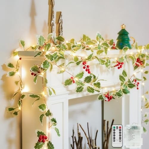 40 LED Christmas Fairy Lights Battery Powered,12.5ft Vine String Lights with Red Berries & Holly Leaf Timer Remote, Artificial Garlands for Fireplace, Bedroom,Porch,Door,Table,Stairs,Xmas Decor