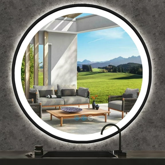 40" LED Mirror, Wall Mount, Round, Black Frame, 3 Color Lights, Anti-Fog, Adjustable Brightness, Modern Home Decor