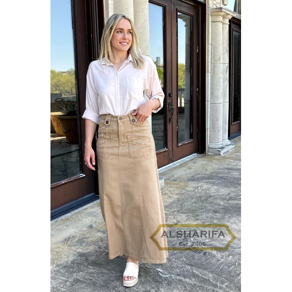 40" LONG COTTON TWILL SKIRT - WOMENS Khaki SKIRTS - MODEST | Khaki BA033 | 32" Waist / L / 12