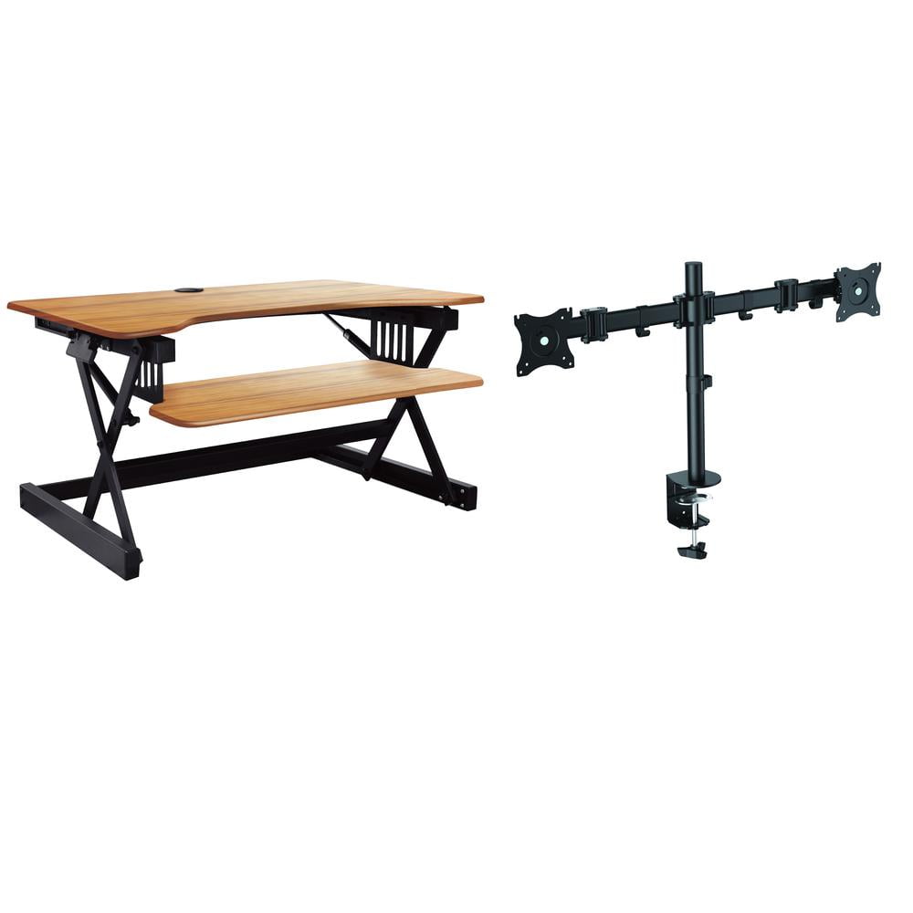 40" Large Adjustable Standing Desk Converter/Dual Monitor Mount Bundle Teak Wood